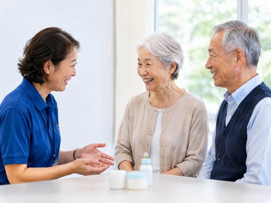スタッフがシニア参加者から感想を聞く様子